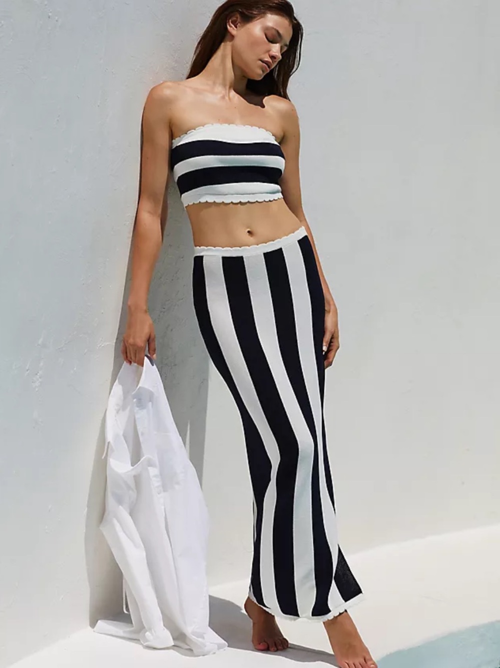 Anthropologie Black & White Vertical Stripe Midi Skirt and Tube Top Set